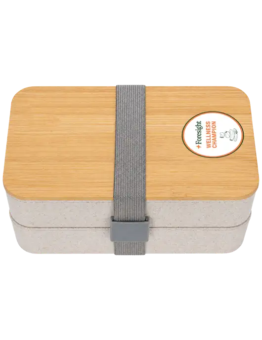 Double Decker Natural Ivory Lunch Box w/Eco-Friendly FSC Bamboo Lid & Reusable Utensils w/Foresight Wellness Design Logo