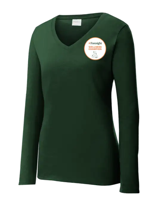 Womens  V-Neck Ring Spun Forest Green 4.5 oz Long Sleeve T-Shirt w/Foresight Wellness Design Logo