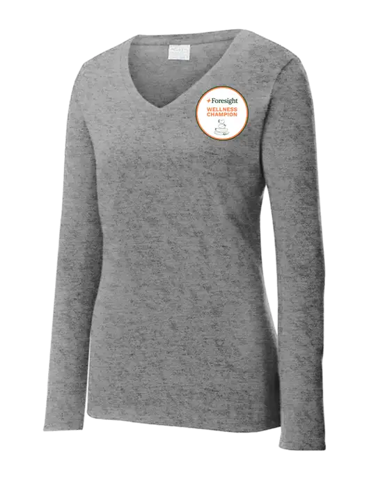 Womens  V-Neck Ring Spun Grey Heather 4.5 oz Long Sleeve T-Shirt w/Foresight Wellness Design Logo