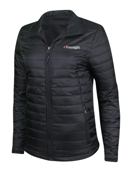 Womens Black Puffy Packable Jacket w/Foresight Logo
